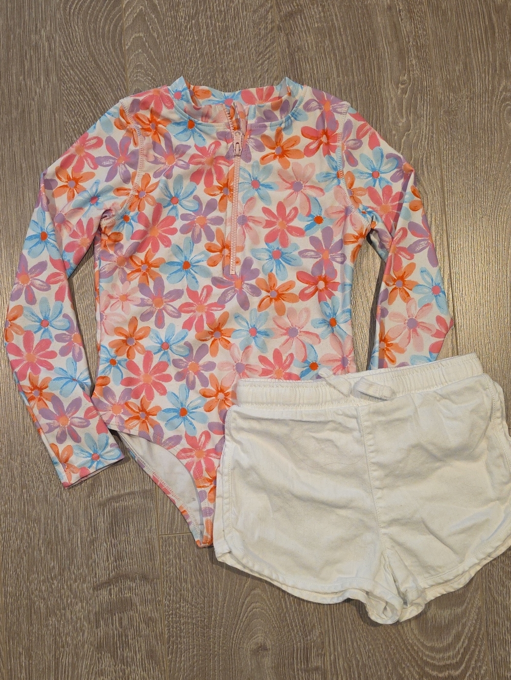 Girls Long-Sleeve Floral Rashguard in Pink, Orange, Blue And White Shorts
